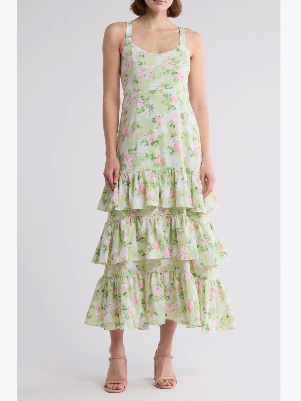 MINE FLORAL RUFLE TIERED MAXI DRESS IN MINT COLOR NWOT